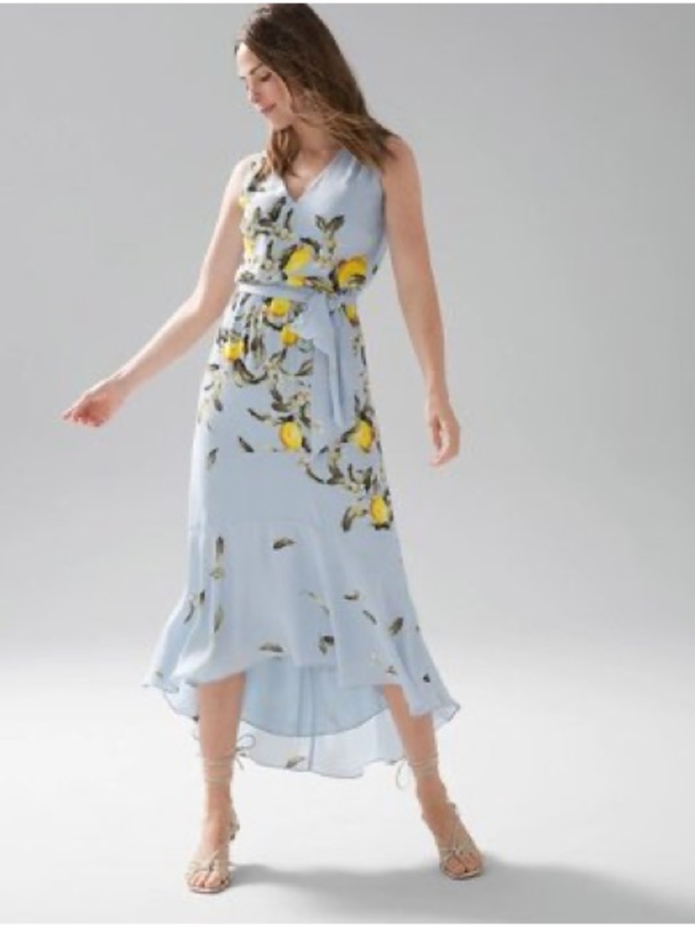 White House Black Market Light Blue Lemon-Print Tea Wrap Midi Dress large